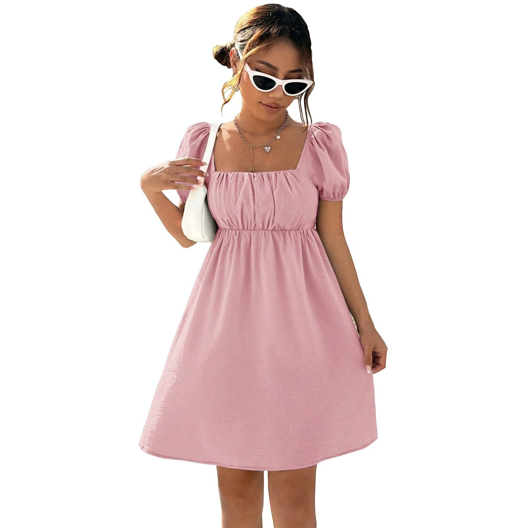 Shasmi Women's & Girl's Dress For Women L One Piece Dress For Women L Beach Dress For Women, Solid Textured Puff Sleeve Square Neck Midi Dress (Dress 115 Pink-Xl)