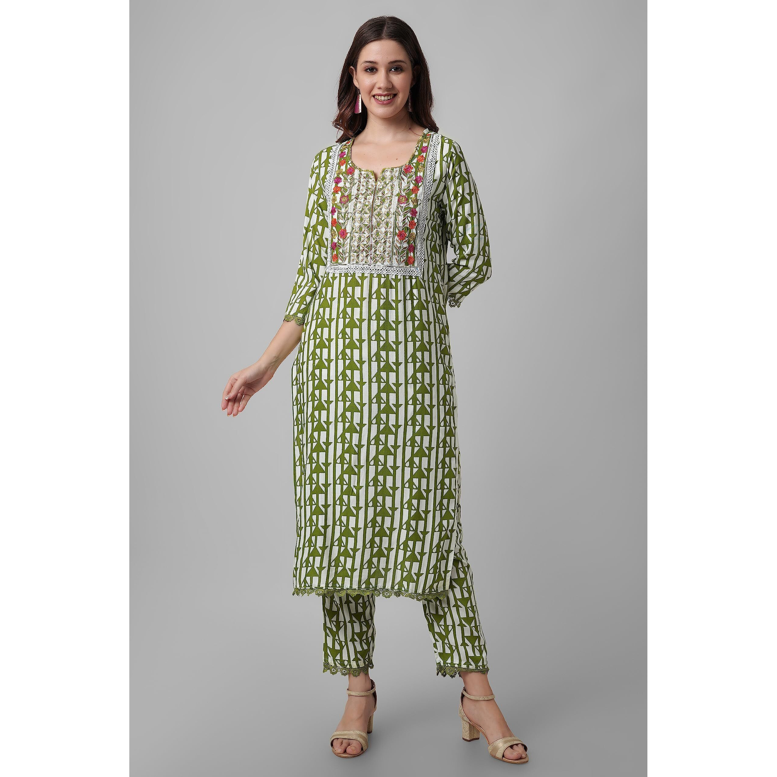 Rytras Women's Embroidered Straight Kurta With Pant And Dupatta Set(Green,L)