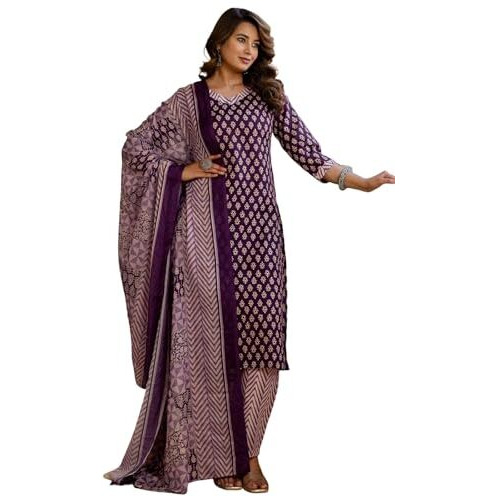 Sanisa Women's Cotton Blend Printed Straight Kurta With Pant And Dupatta Set (232Kbd2454N-L_Wine & Beige)