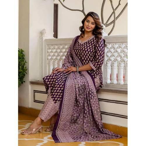 Sanisa Women's Cotton Blend Printed Straight Kurta With Pant And Dupatta Set (232Kbd2454N-L_Wine & Beige)