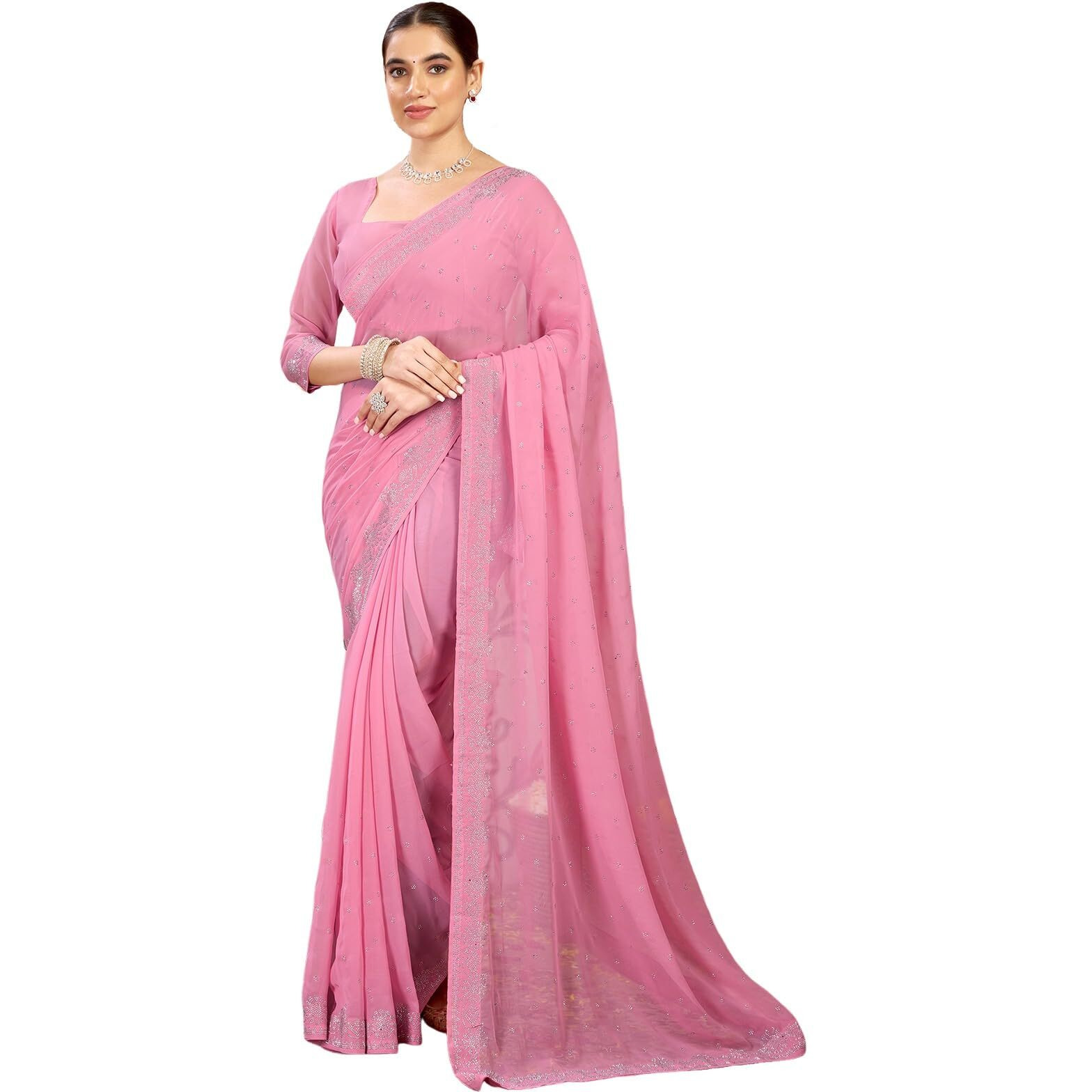 Satrani Women's Georgette Stone Work Saree With Unstitched Blouse Piece (4085S186N_Light Pink2)