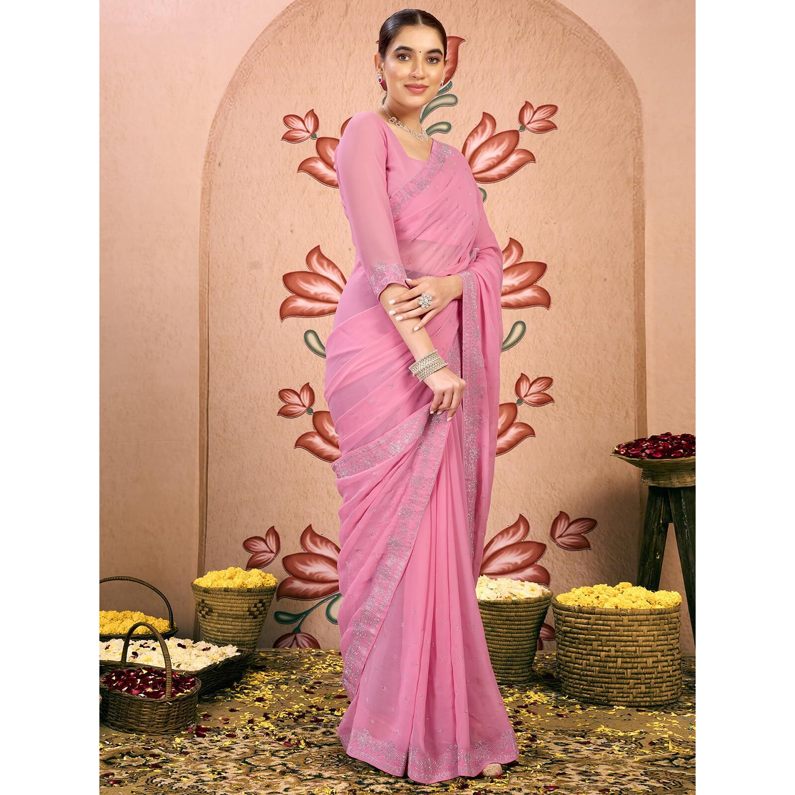 Satrani Women's Georgette Stone Work Saree With Unstitched Blouse Piece (4085S186N_Light Pink2)