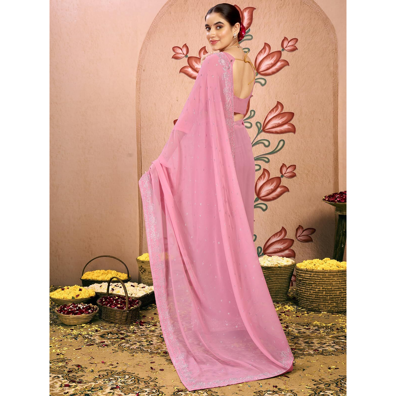 Satrani Women's Georgette Stone Work Saree With Unstitched Blouse Piece (4085S186N_Light Pink2)