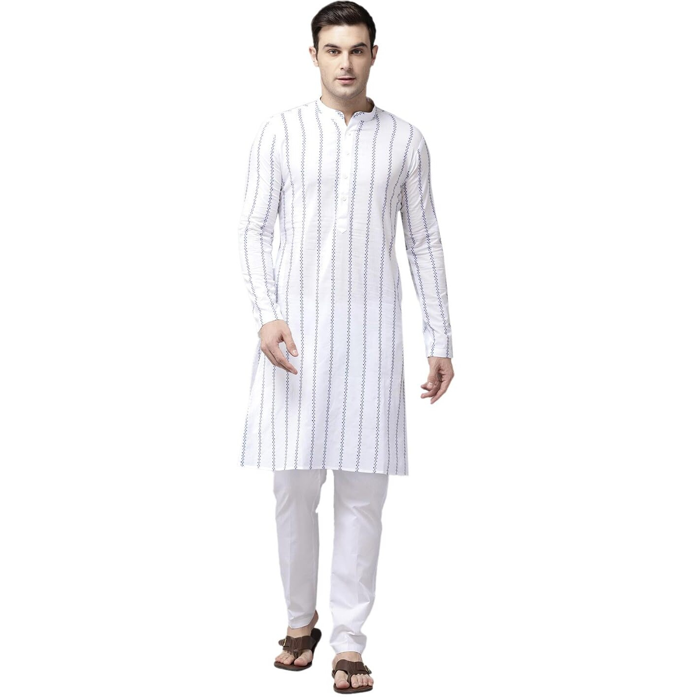 See Designs White Cotton Regular Fit Embroidered Kurta Set Mandarin Collar Long Sleeves_Sdmekt126001M