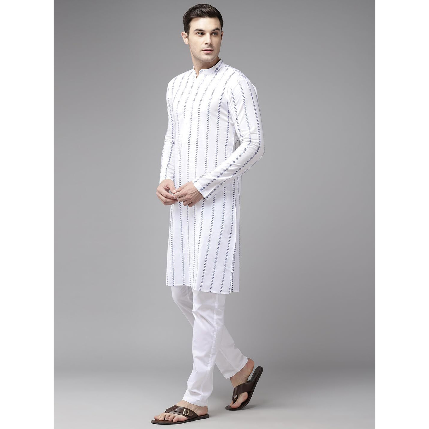 See Designs White Cotton Regular Fit Embroidered Kurta Set Mandarin Collar Long Sleeves_Sdmekt126001M