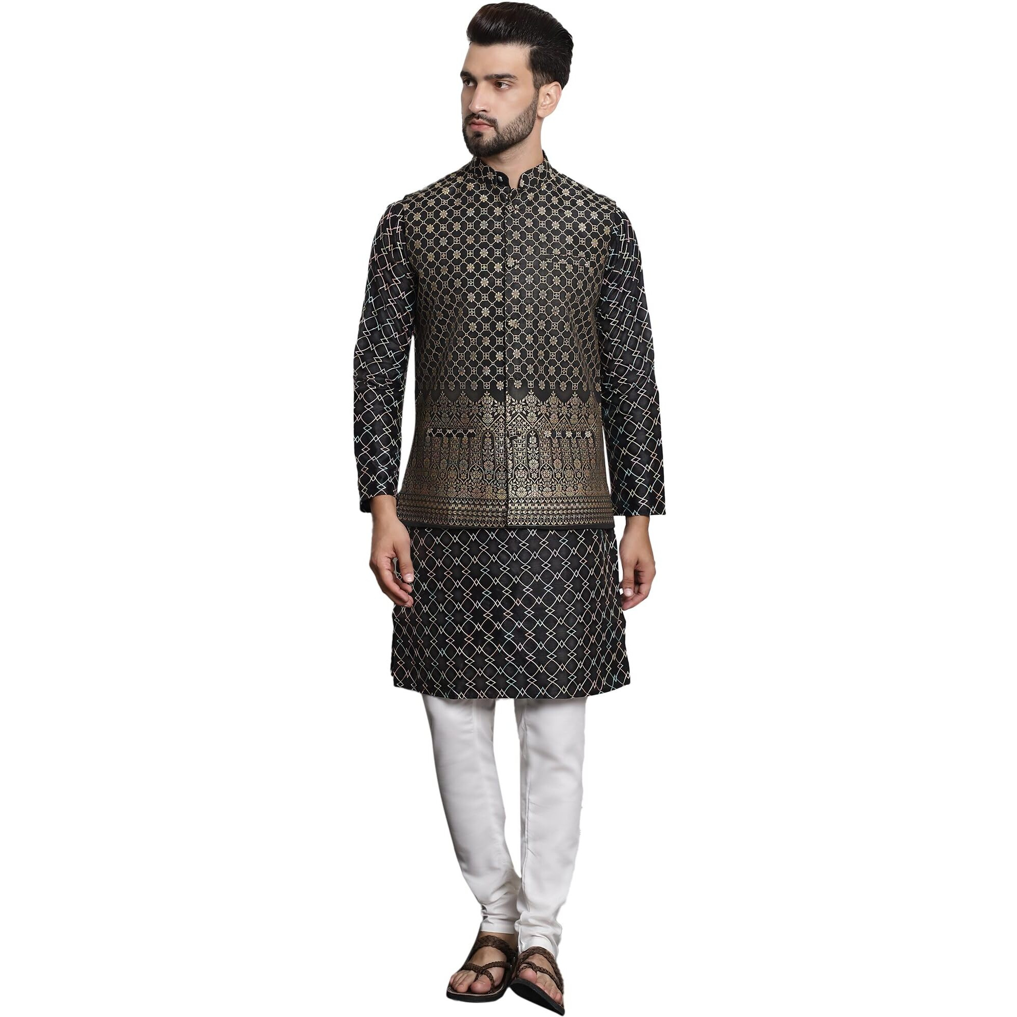 Sojanya (Since 1958 Men's Silk Blend Black Kurta And Off-White Pyjama With Black Nehru Jacket