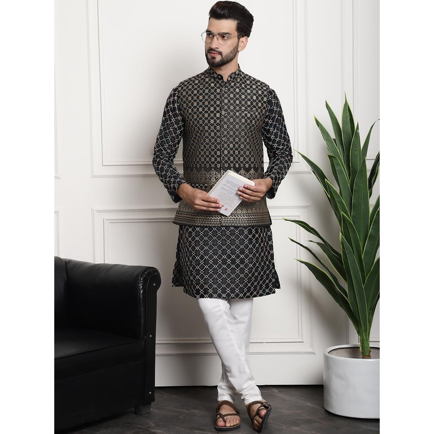 Sojanya (Since 1958 Men's Silk Blend Black Kurta And Off-White Pyjama With Black Nehru Jacket