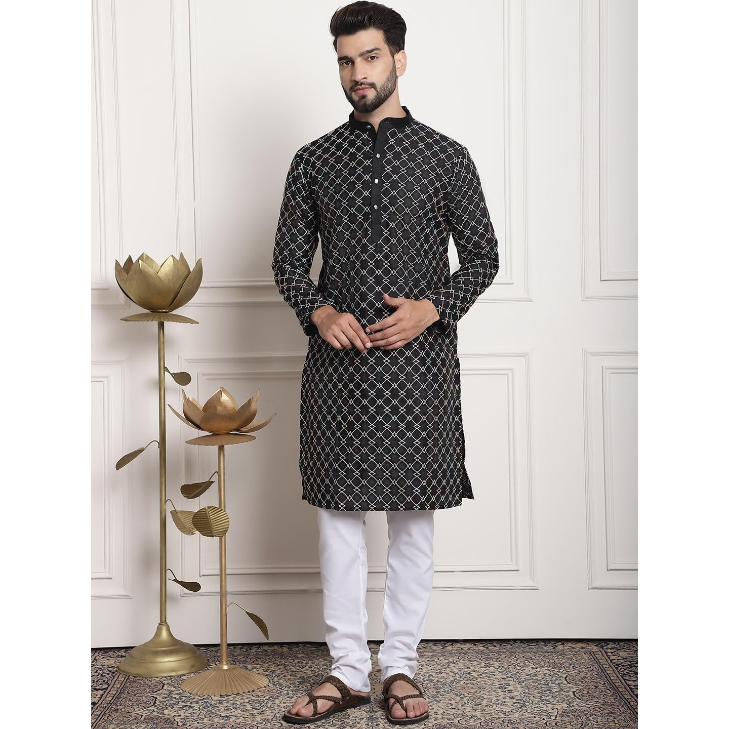 Sojanya (Since 1958 Men's Silk Blend Black Kurta And Off-White Pyjama With Black Nehru Jacket