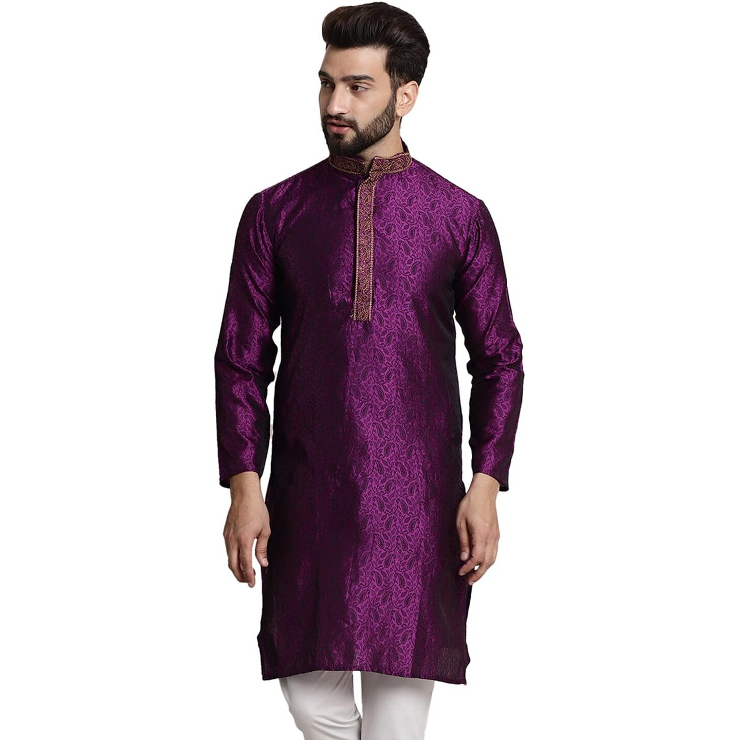 Sojanya (Since 1958 Men's Silk Blend Purple Color Only Long Kurta With Neck Embroidery