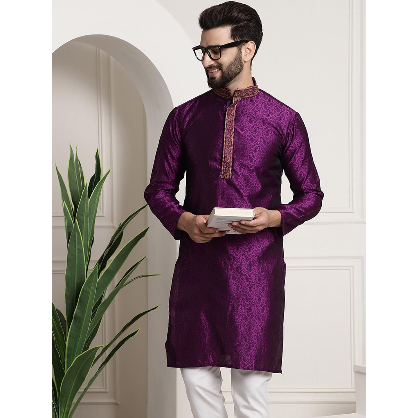Sojanya (Since 1958 Men's Silk Blend Purple Color Only Long Kurta With Neck Embroidery
