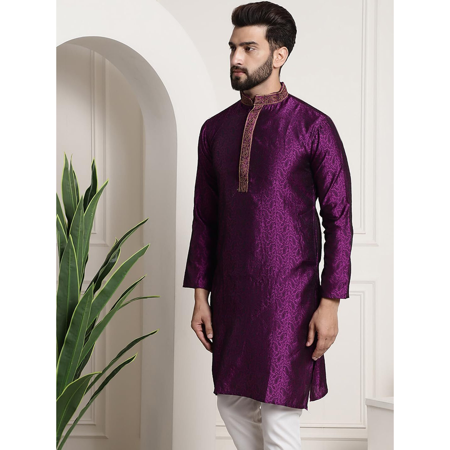 Sojanya (Since 1958 Men's Silk Blend Purple Color Only Long Kurta With Neck Embroidery