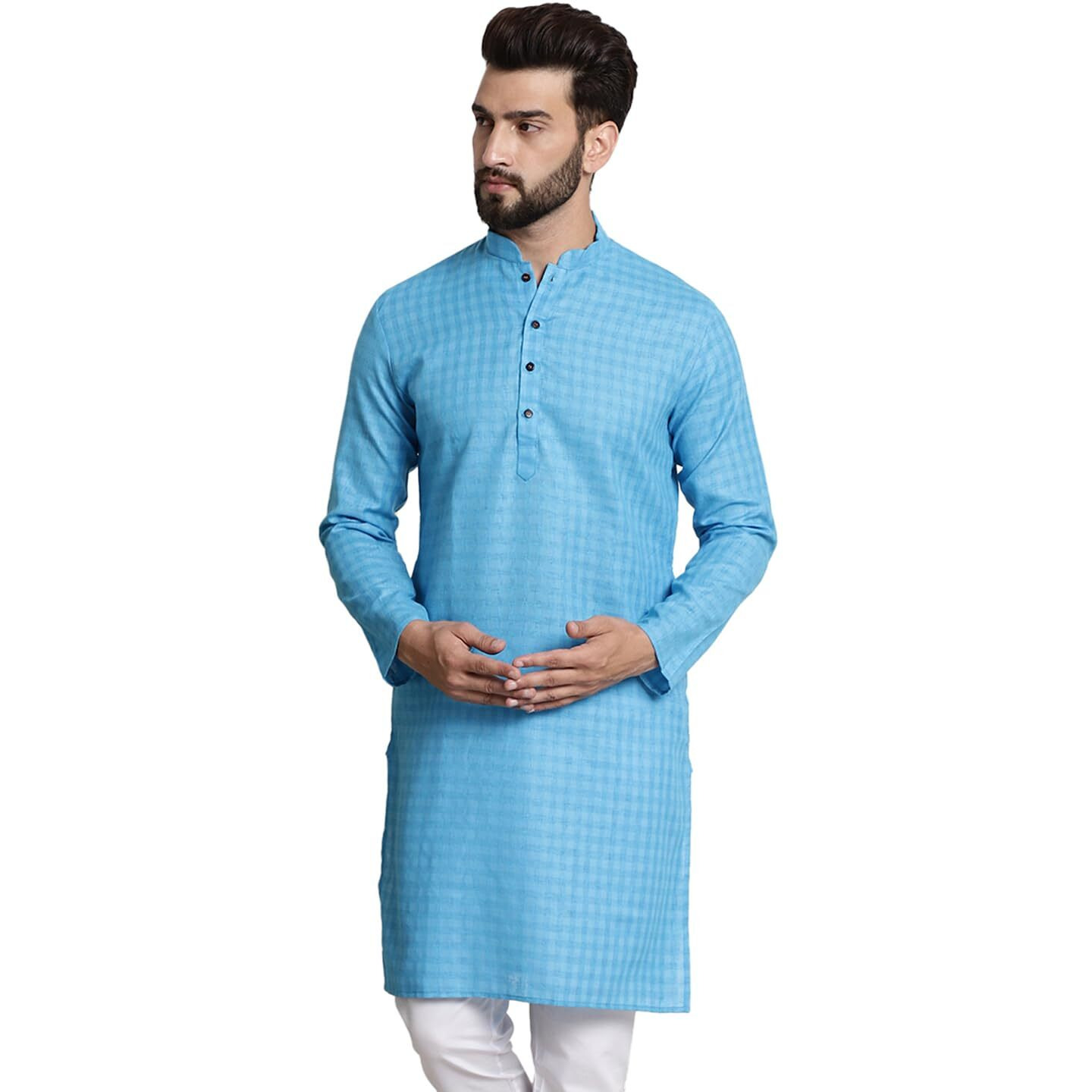 Sojanya (Since 1958 Men's Cotton Blend Peacock Blue Checked Only Kurta