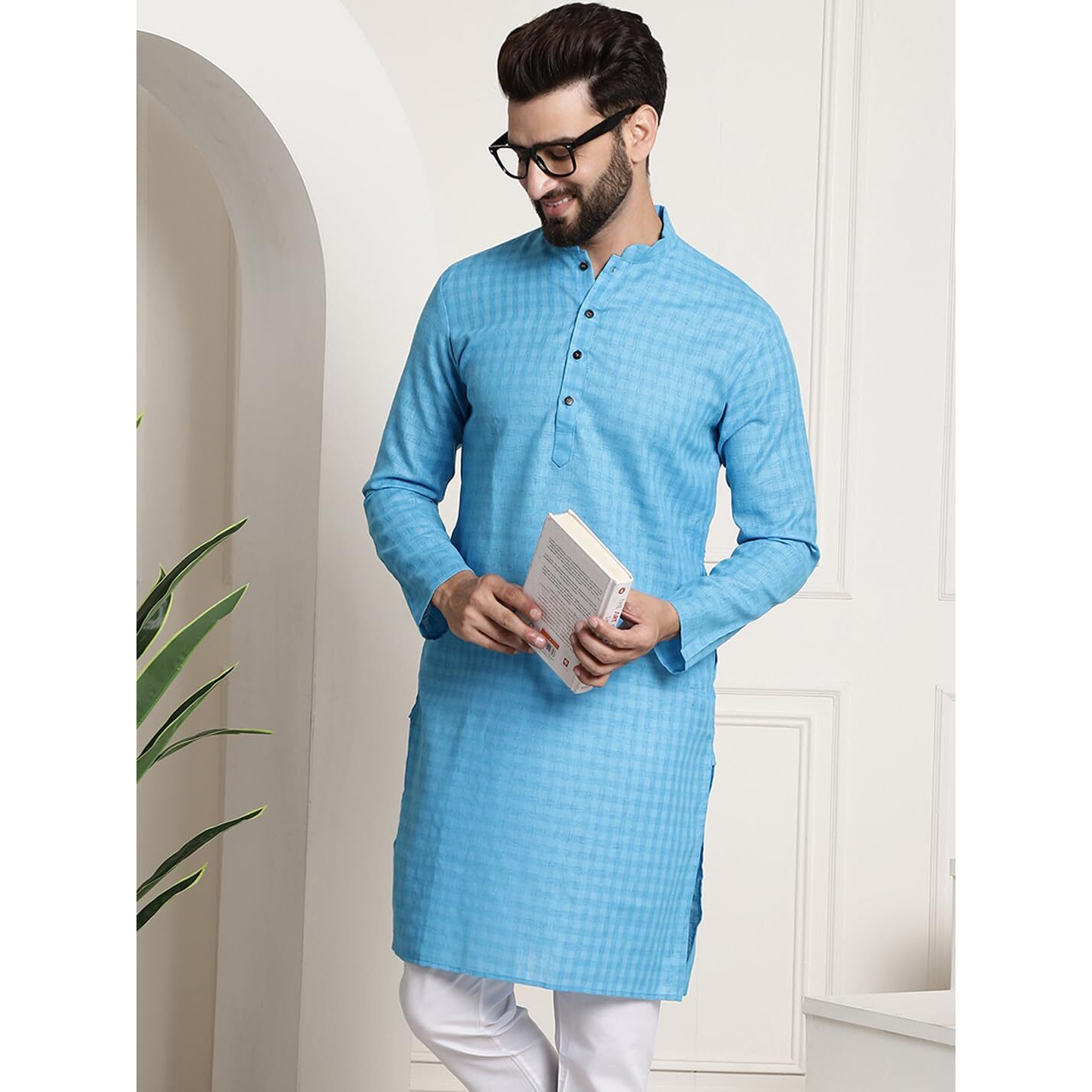 Sojanya (Since 1958 Men's Cotton Blend Peacock Blue Checked Only Kurta