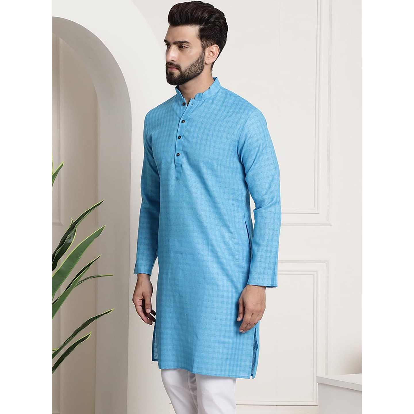 Sojanya (Since 1958 Men's Cotton Blend Peacock Blue Checked Only Kurta