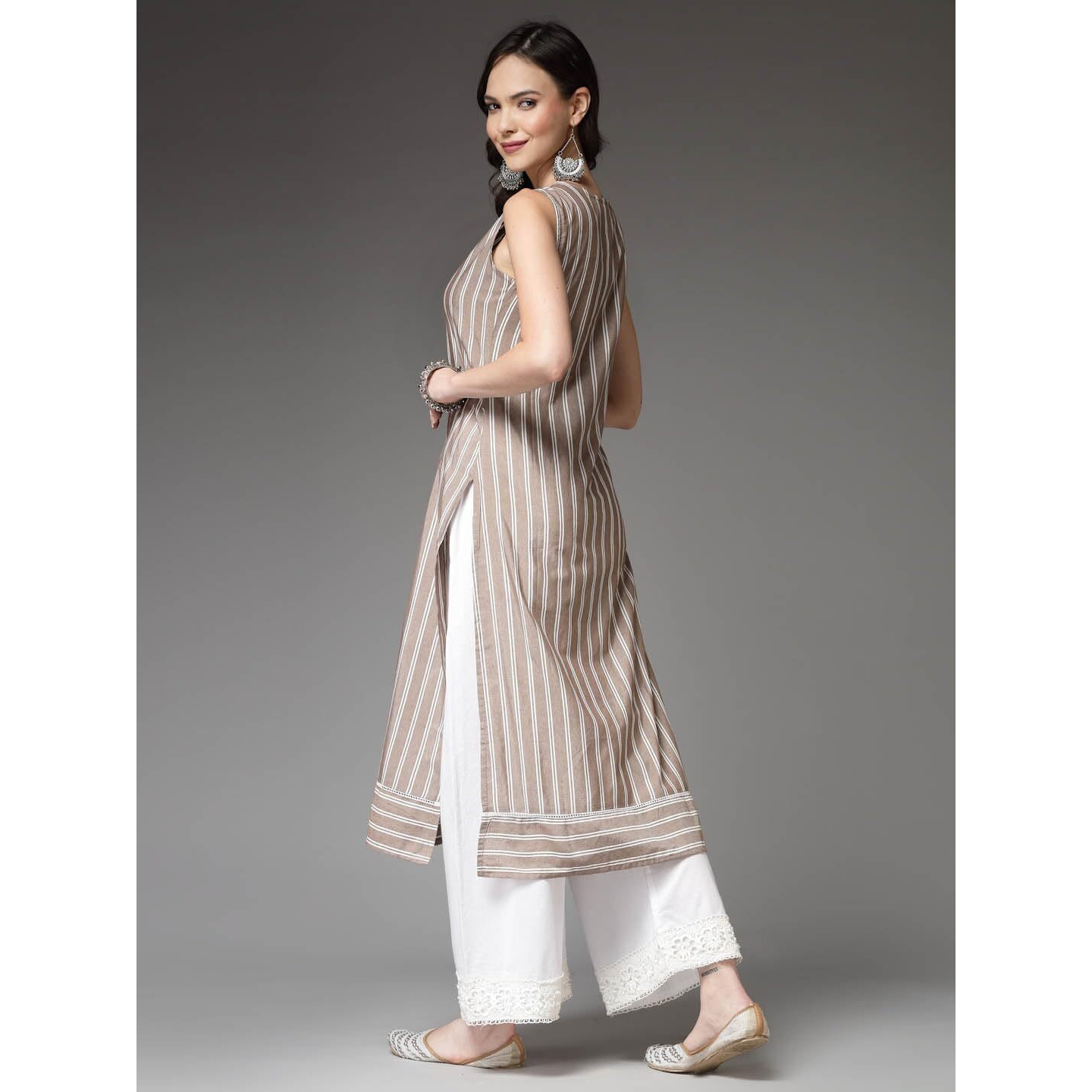 Stylum Women's Woven Striped Cotton Blend Straight Kurta (Xtatoobeige42_Beige, Xl)