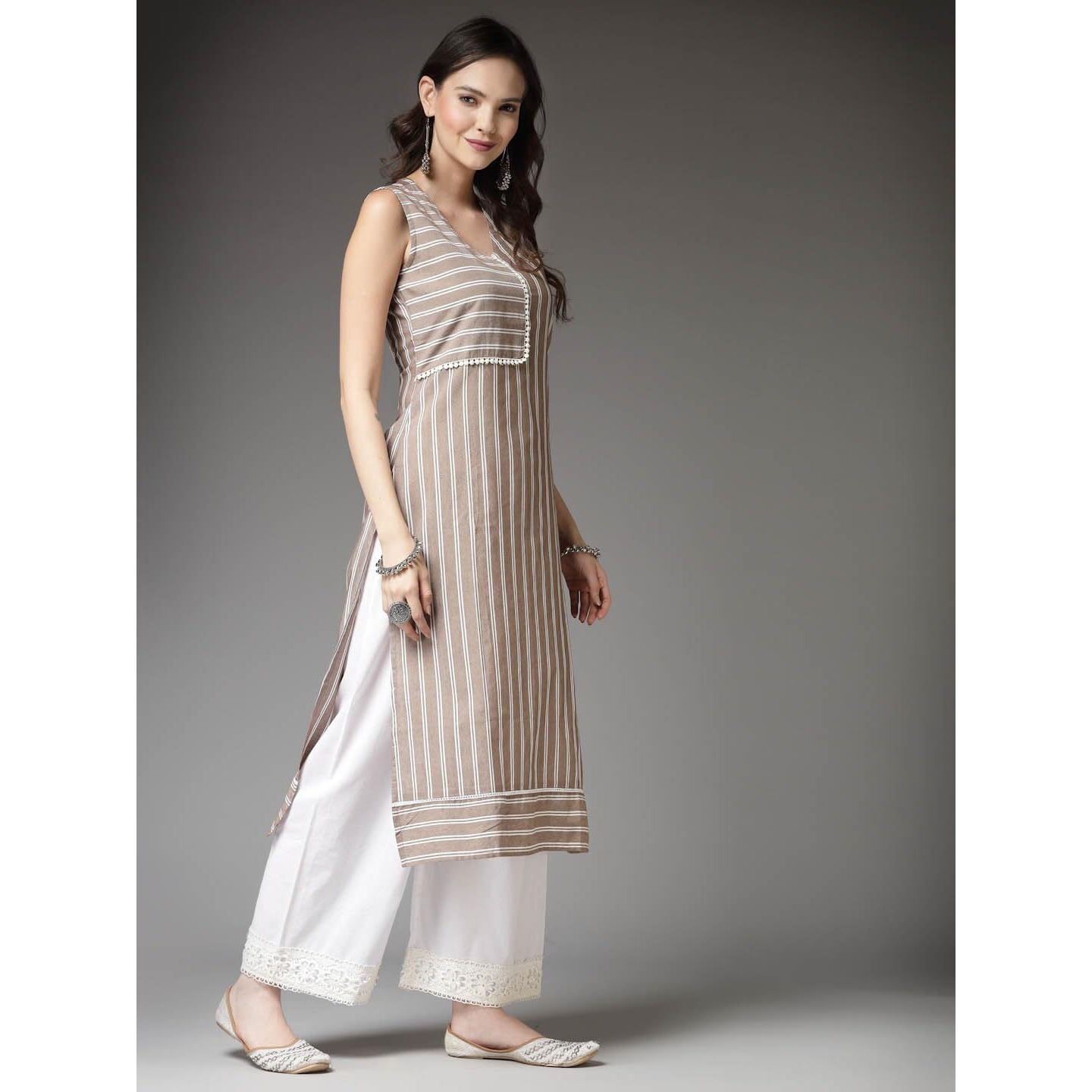 Stylum Women's Woven Striped Cotton Blend Straight Kurta (Xtatoobeige42_Beige, Xl)