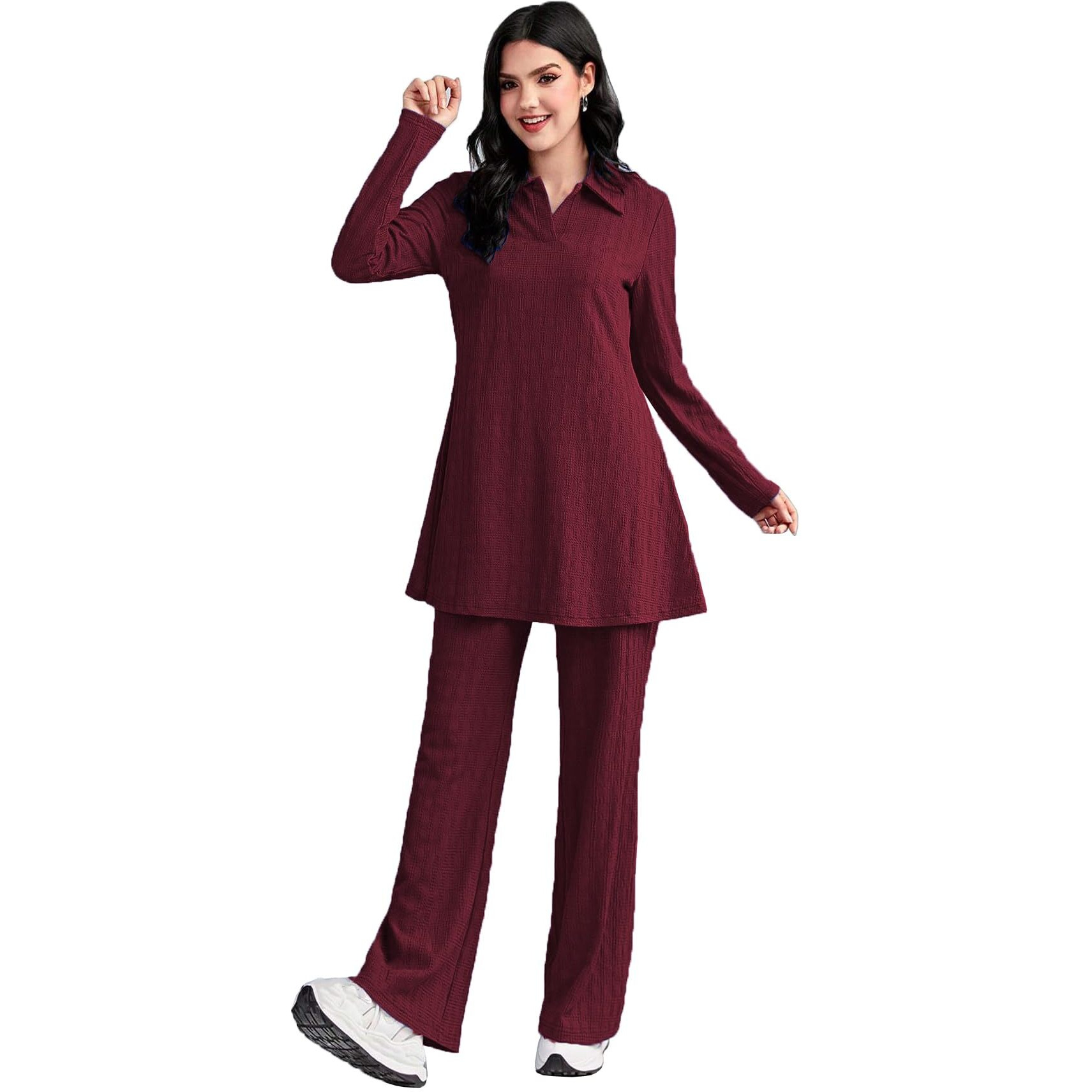 Tadkee Women's Solid Color Two-Piece Set | Long Sleeve Top & Wide Leg Pants Co-Ord Set | Casual Wear Co Ord Set (Fn-Full-Sleeve-Cord-125-Maroon-Xl)