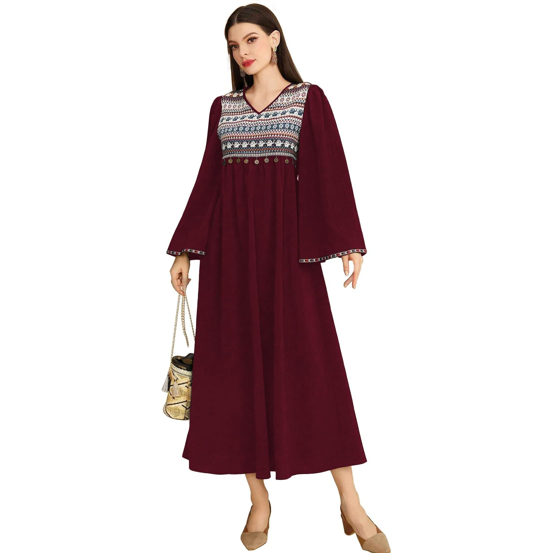 Tadkee Women's Geometric Pattern V-Neck Bell Sleeve One Piece Dress (Fn-V-Flared-One-Piece-126-Maroon-S)