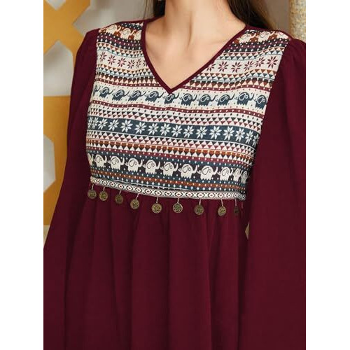 Tadkee Women's Geometric Pattern V-Neck Bell Sleeve One Piece Dress (Fn-V-Flared-One-Piece-126-Maroon-S)