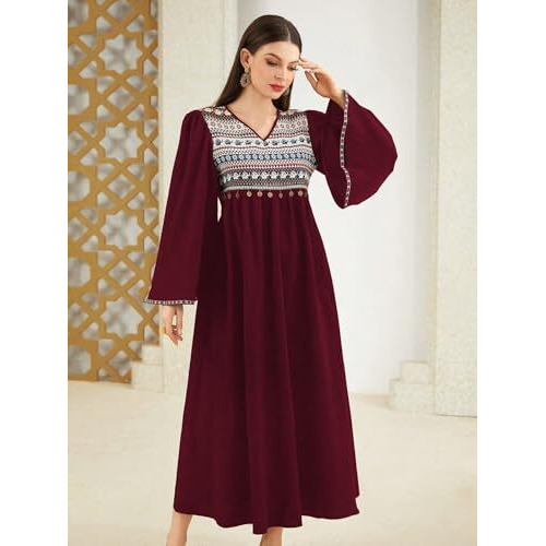 Tadkee Women's Geometric Pattern V-Neck Bell Sleeve One Piece Dress (Fn-V-Flared-One-Piece-126-Maroon-S)