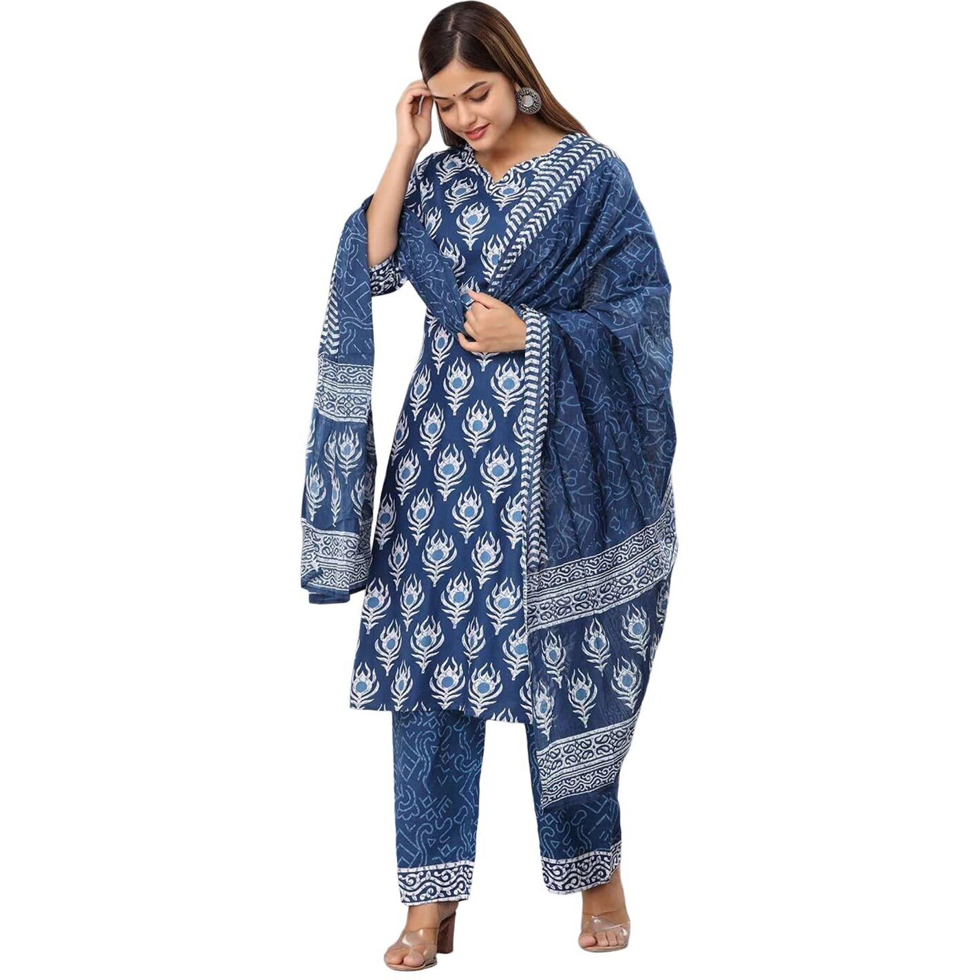 Tee Projekt Women's Cotton Blend Sweetheart Neck Straight Kurta Pant With Dupatta Set Ll Block Printed Kurta Set For Women Ll Festive Kurta Set For Women Navy