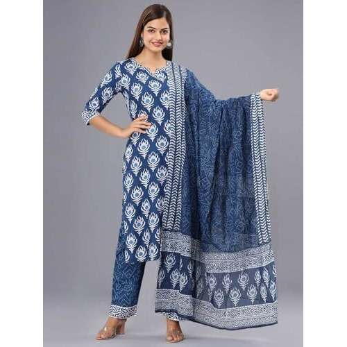 Tee Projekt Women's Cotton Blend Sweetheart Neck Straight Kurta Pant With Dupatta Set Ll Block Printed Kurta Set For Women Ll Festive Kurta Set For Women Navy