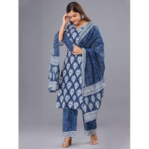 Tee Projekt Women's Cotton Blend Sweetheart Neck Straight Kurta Pant With Dupatta Set Ll Block Printed Kurta Set For Women Ll Festive Kurta Set For Women Navy