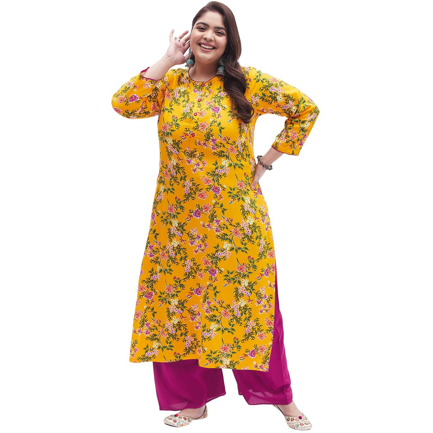 Tissu Women's Plus Size Yellow & Pink Printed Kurta With Palazzo (T-Plus-642_Yellow_8Xl)