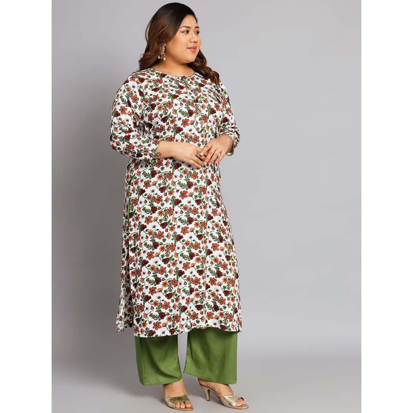 Tissu Women's Plus Size White & Orange Floral Printed Kurta With Palazzo (T-Plus-657_White_4Xl)