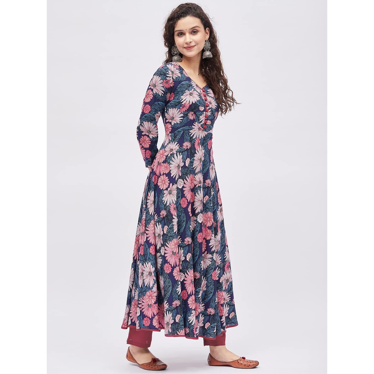 Tissu Women's Rayon Blue & Pink Floral Printed A-Line Kurta 2206_Blue_S