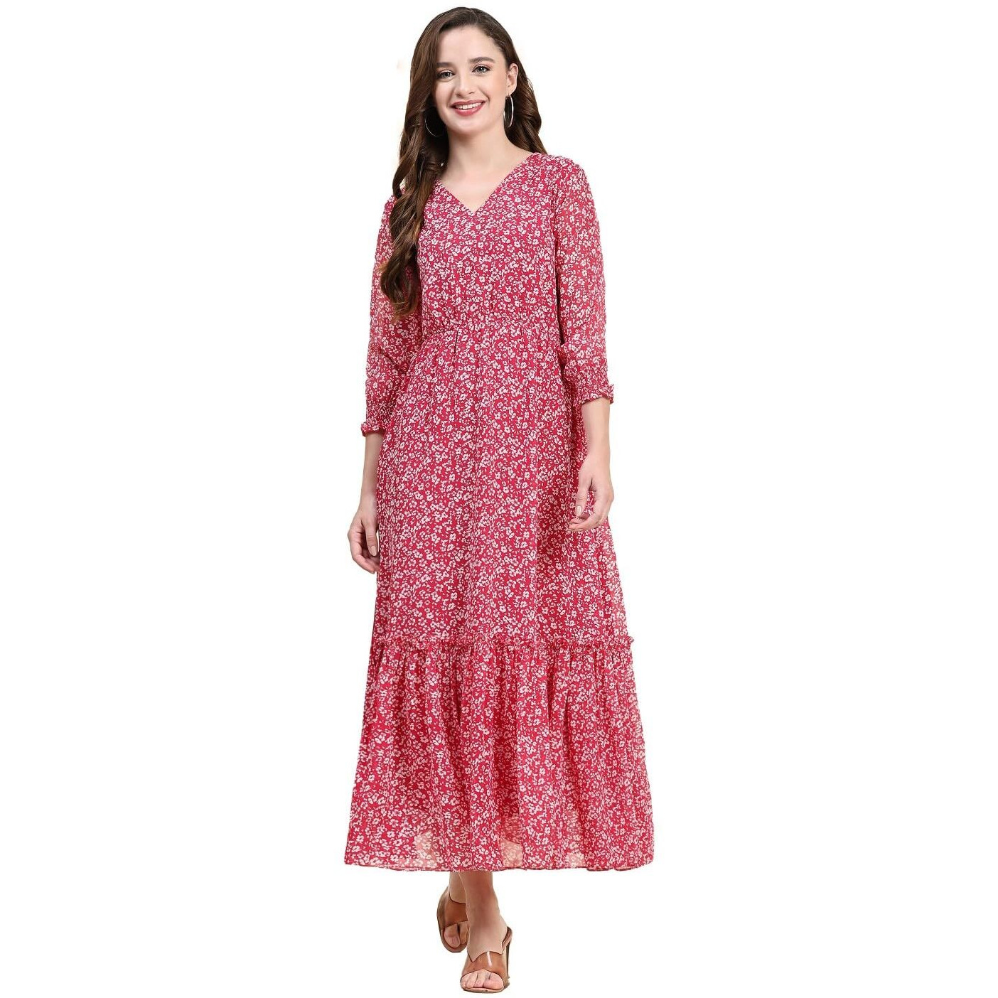 Toochki Women's Pink Georgette Floral Tiered Western Dress | Dress For Women | A Line Dress | Winter Dress | Western Dress | Latest Women Dress | Trendy Dress | Midi Dress
