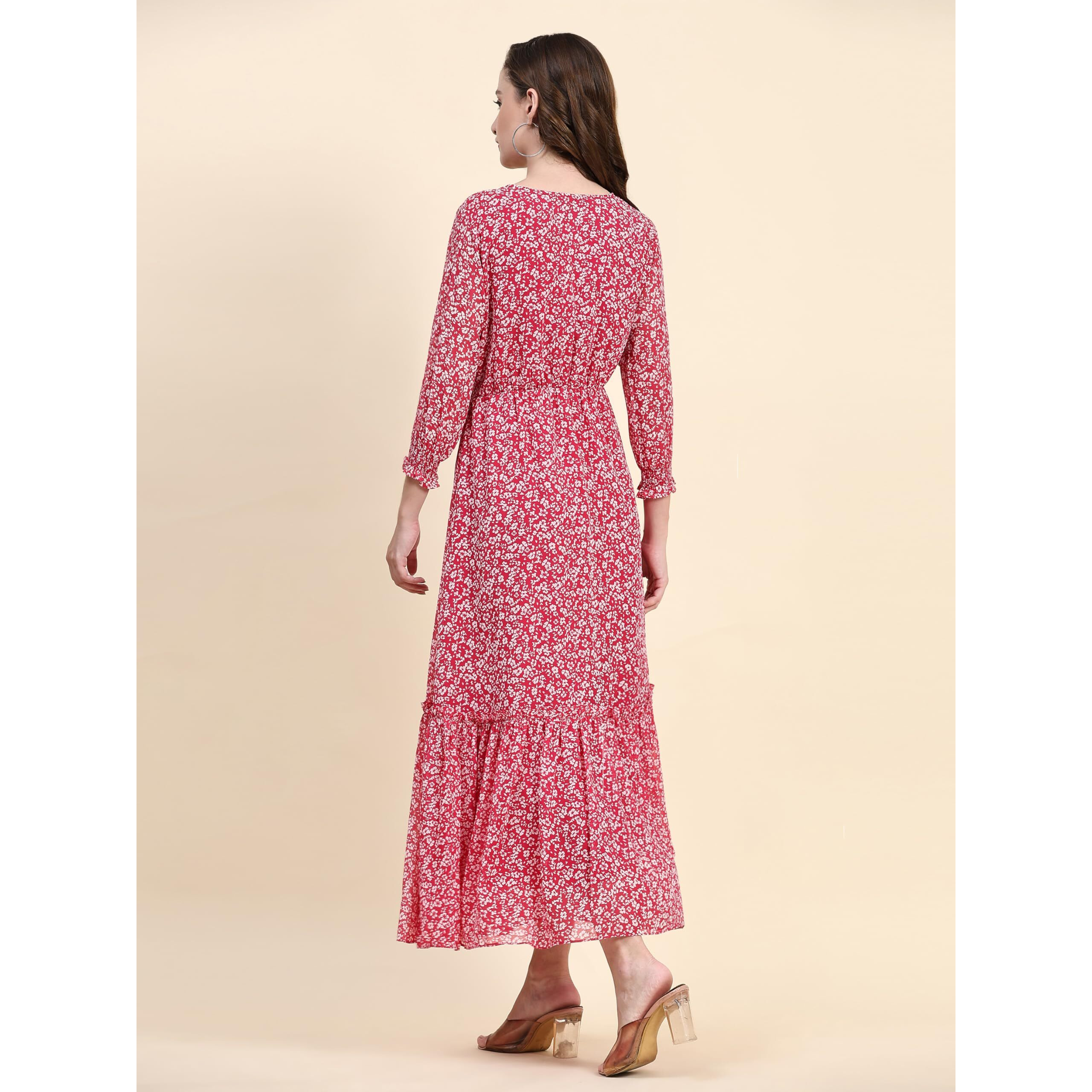 Toochki Women's Pink Georgette Floral Tiered Western Dress | Dress For Women | A Line Dress | Winter Dress | Western Dress | Latest Women Dress | Trendy Dress | Midi Dress