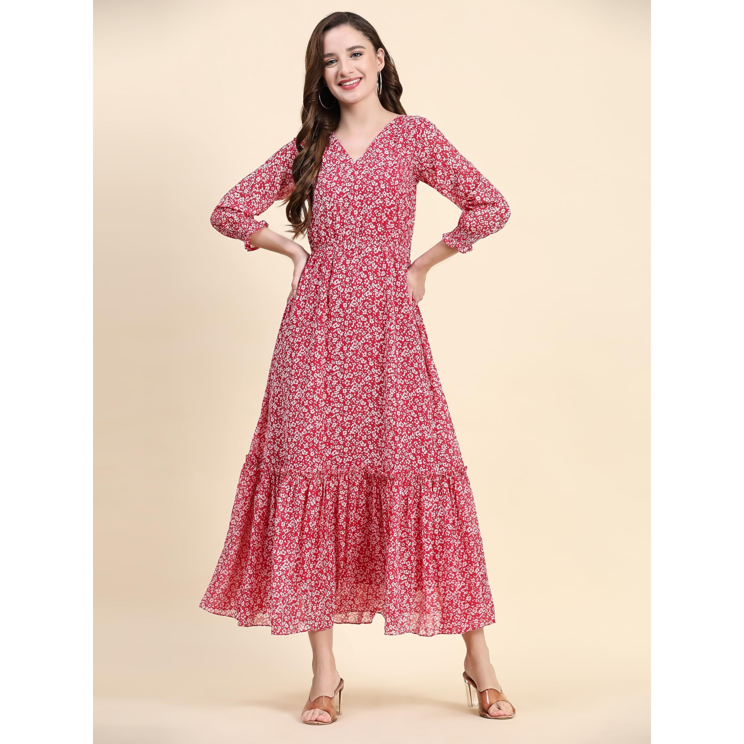 Toochki Women's Pink Georgette Floral Tiered Western Dress | Dress For Women | A Line Dress | Winter Dress | Western Dress | Latest Women Dress | Trendy Dress | Midi Dress