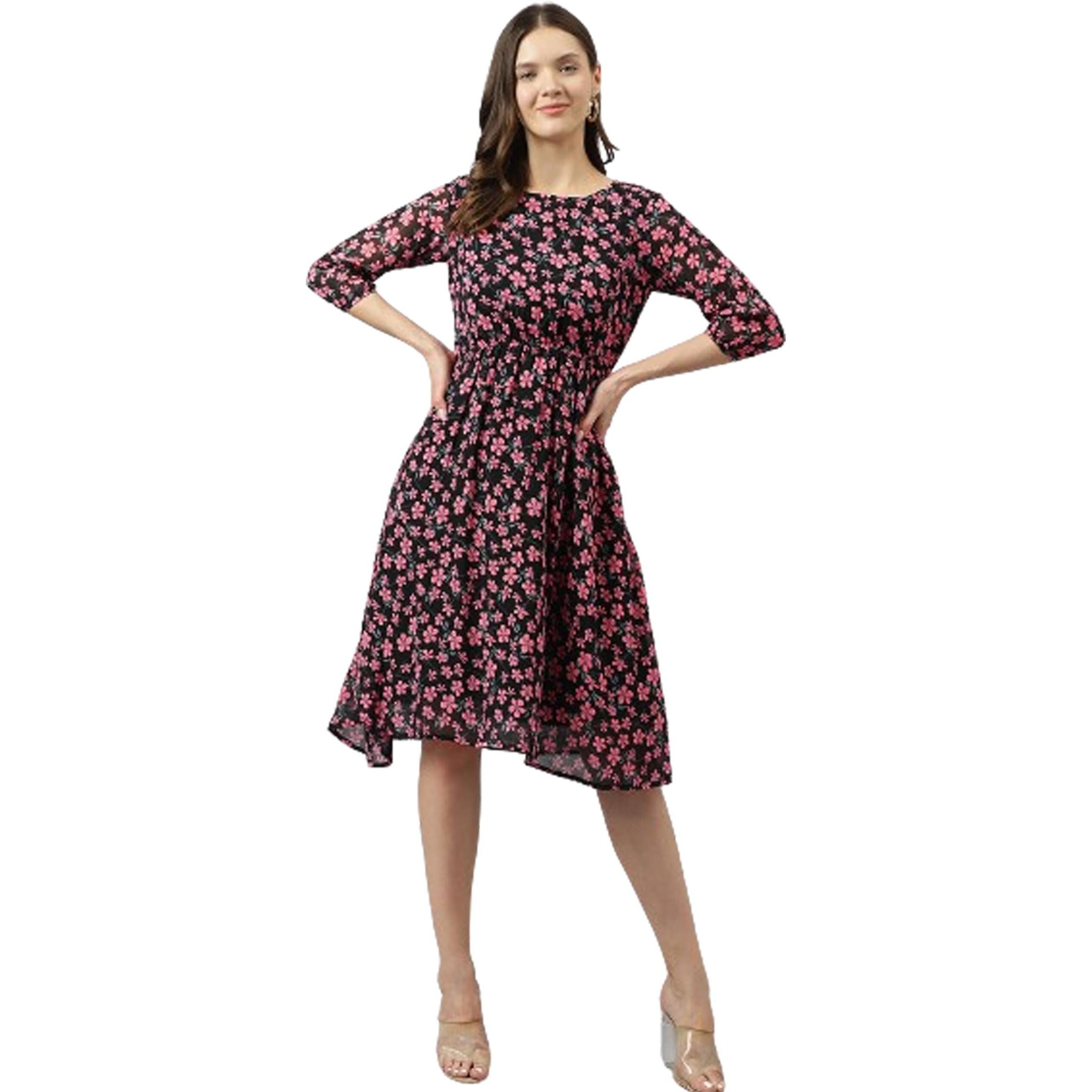 Toochki Women's Black & Pink Georgette Floral Fit & Flared Western Below Knee Length Kurti With A Line Suitable In Summer Wear Latest Trendy Midi Kurti