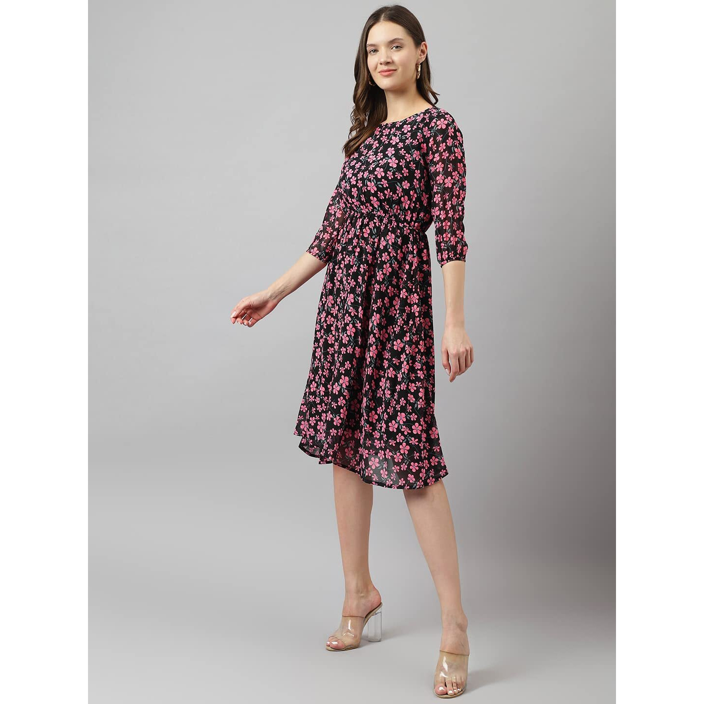 Toochki Women's Black & Pink Georgette Floral Fit & Flared Western Below Knee Length Kurti With A Line Suitable In Summer Wear Latest Trendy Midi Kurti