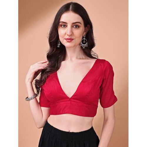 Womanista Silk Women's Dupion Solid Short Sleeve Regular Fit V Neck Blouse (Bl_65_Red Small)