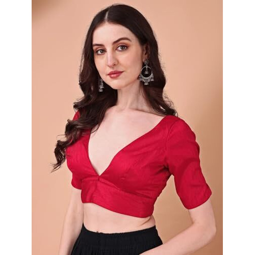 Womanista Silk Women's Dupion Solid Short Sleeve Regular Fit V Neck Blouse (Bl_65_Red Small)