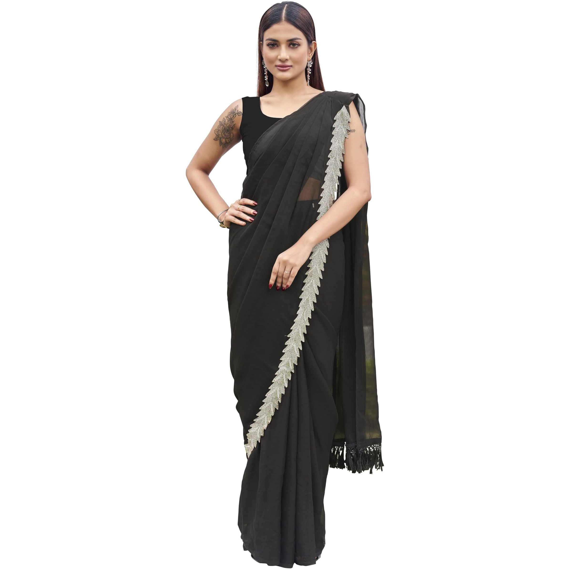 Womanista Women's Poly Chiffon Saree (Ti6312_Black)