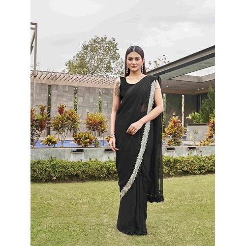 Womanista Women's Poly Chiffon Saree (Ti6312_Black)