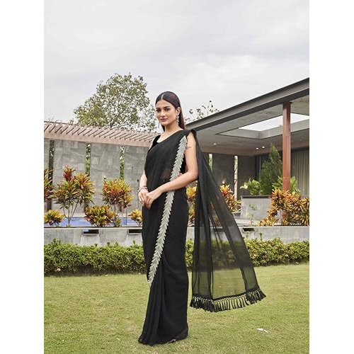 Womanista Women's Poly Chiffon Saree (Ti6312_Black)