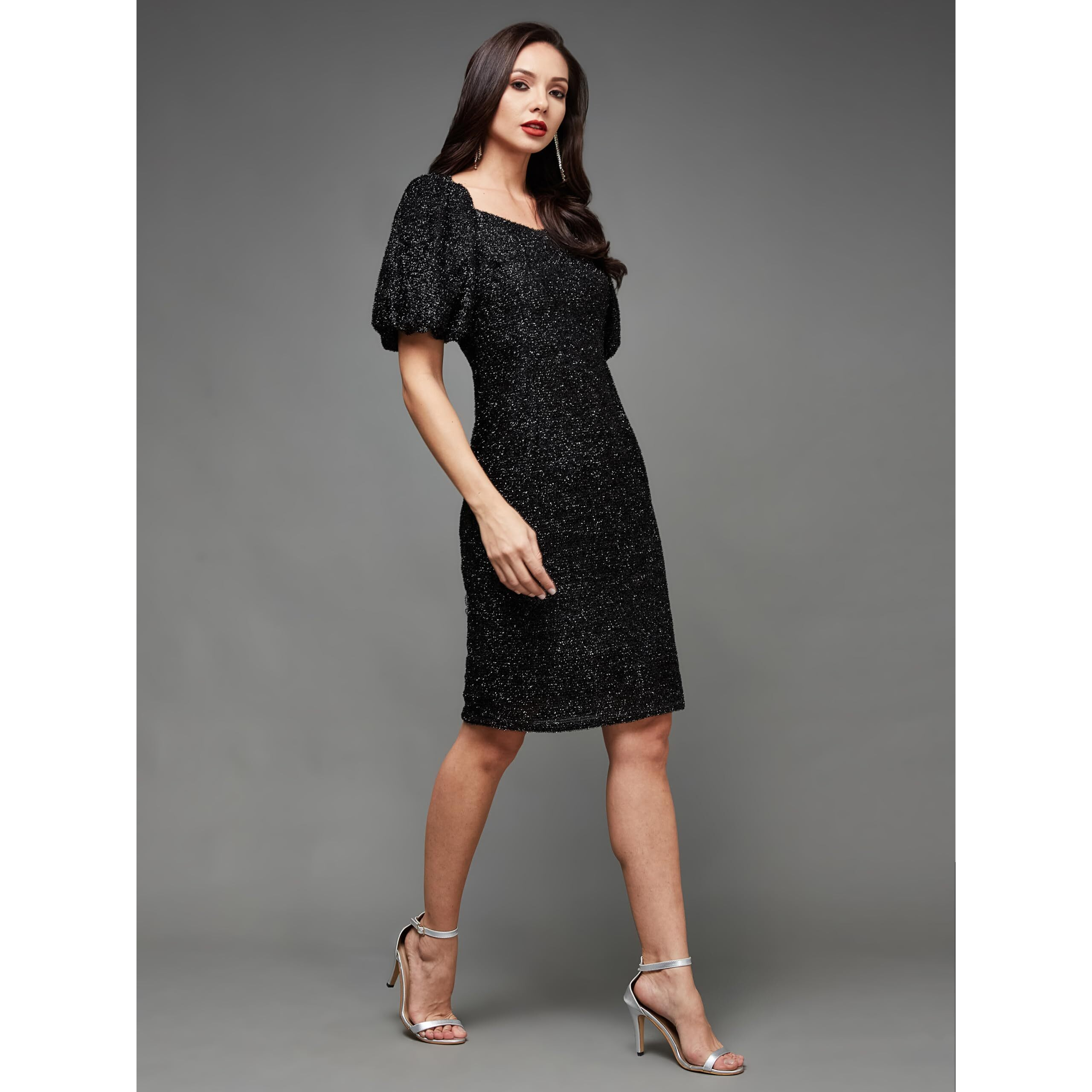 Miss Chase Women's Square Neck Half Sleeve Self Design Bodycon Mini Polyester Dress (Mcss23D98-55-62-05, Black, L)