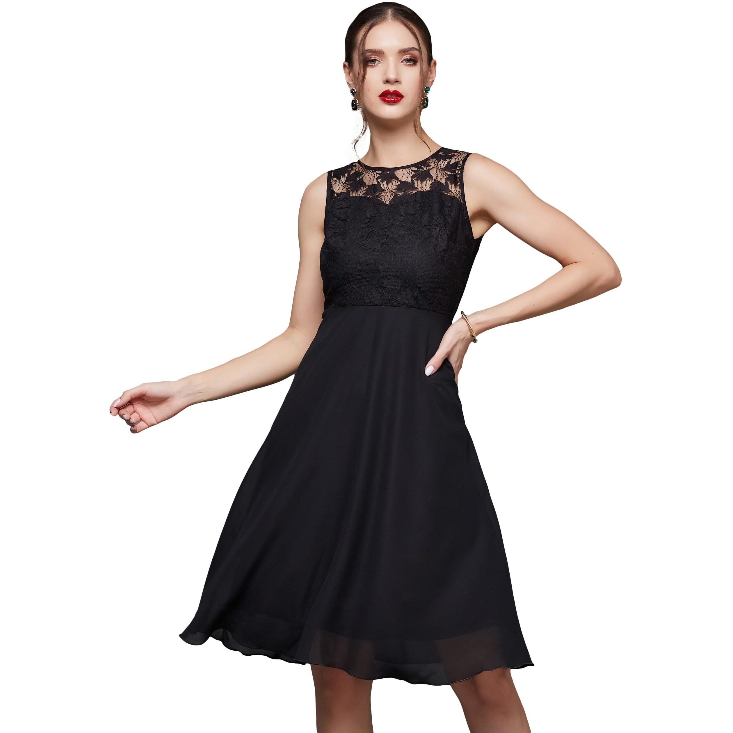 Miss Chase Women's Black Round Neck Sleeveless Solid Mini Lace Skater Dress (Mcss23D98-42-62-03, Black, S)