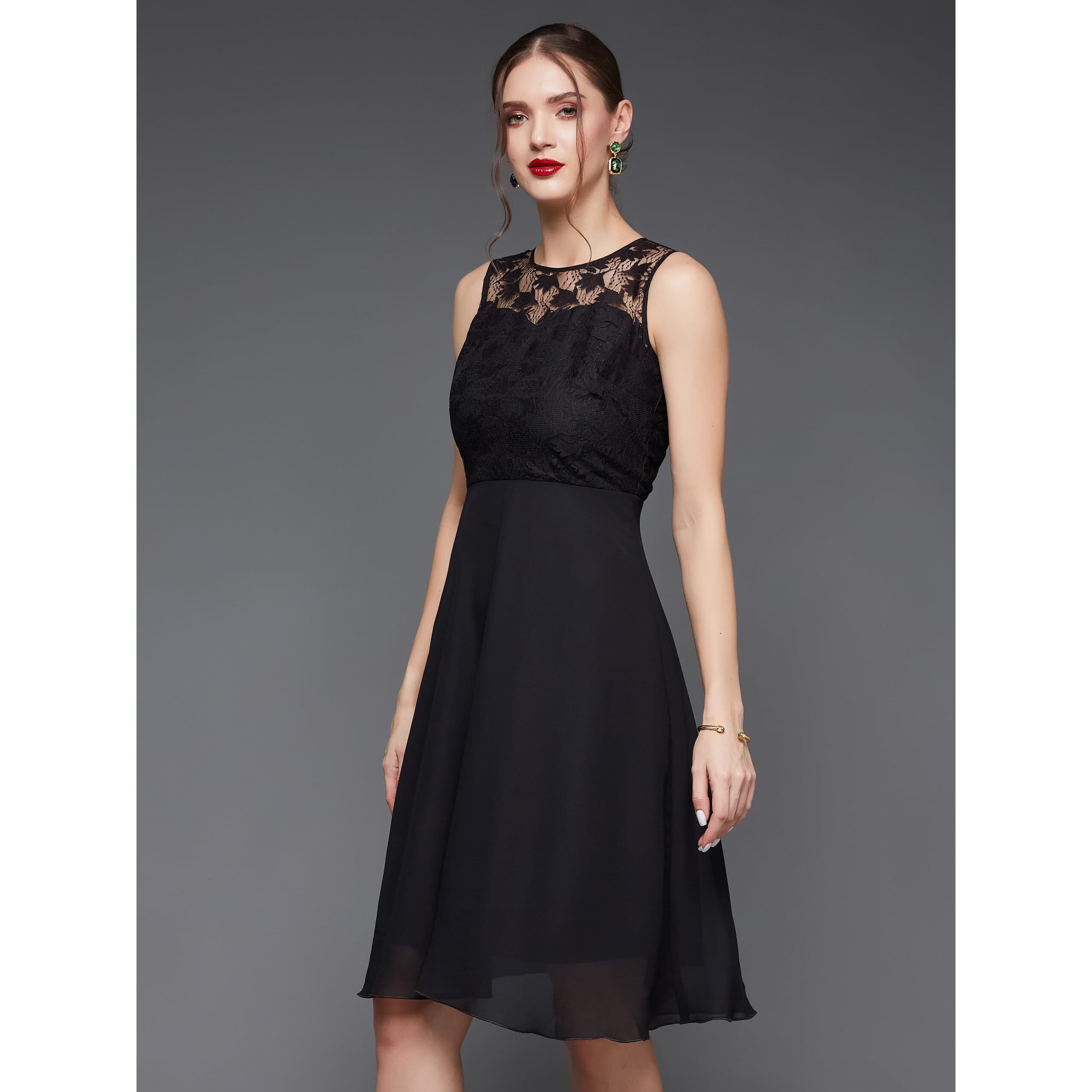 Miss Chase Women's Black Round Neck Sleeveless Solid Mini Lace Skater Dress (Mcss23D98-42-62-03, Black, S)