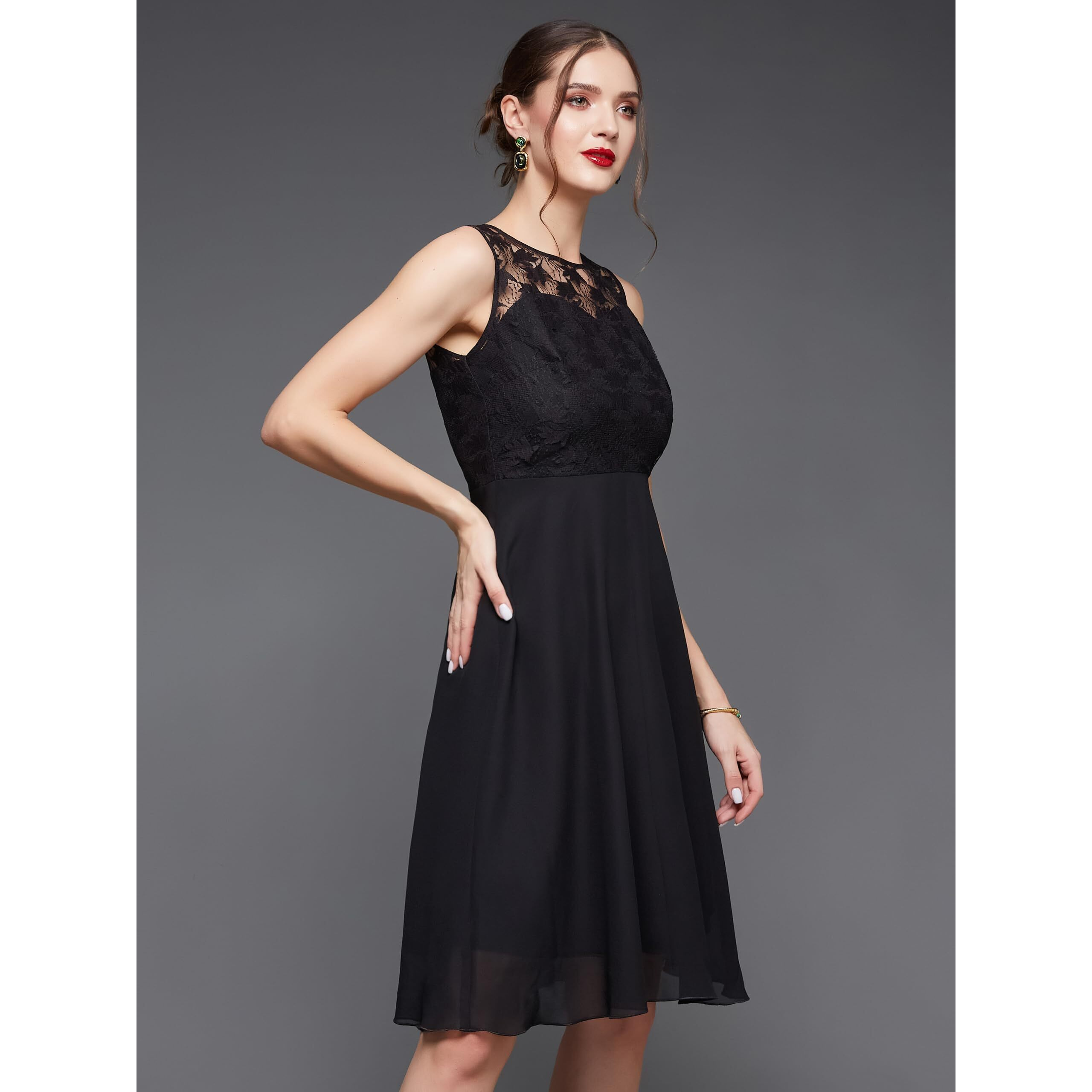 Miss Chase Women's Black Round Neck Sleeveless Solid Mini Lace Skater Dress (Mcss23D98-42-62-03, Black, S)