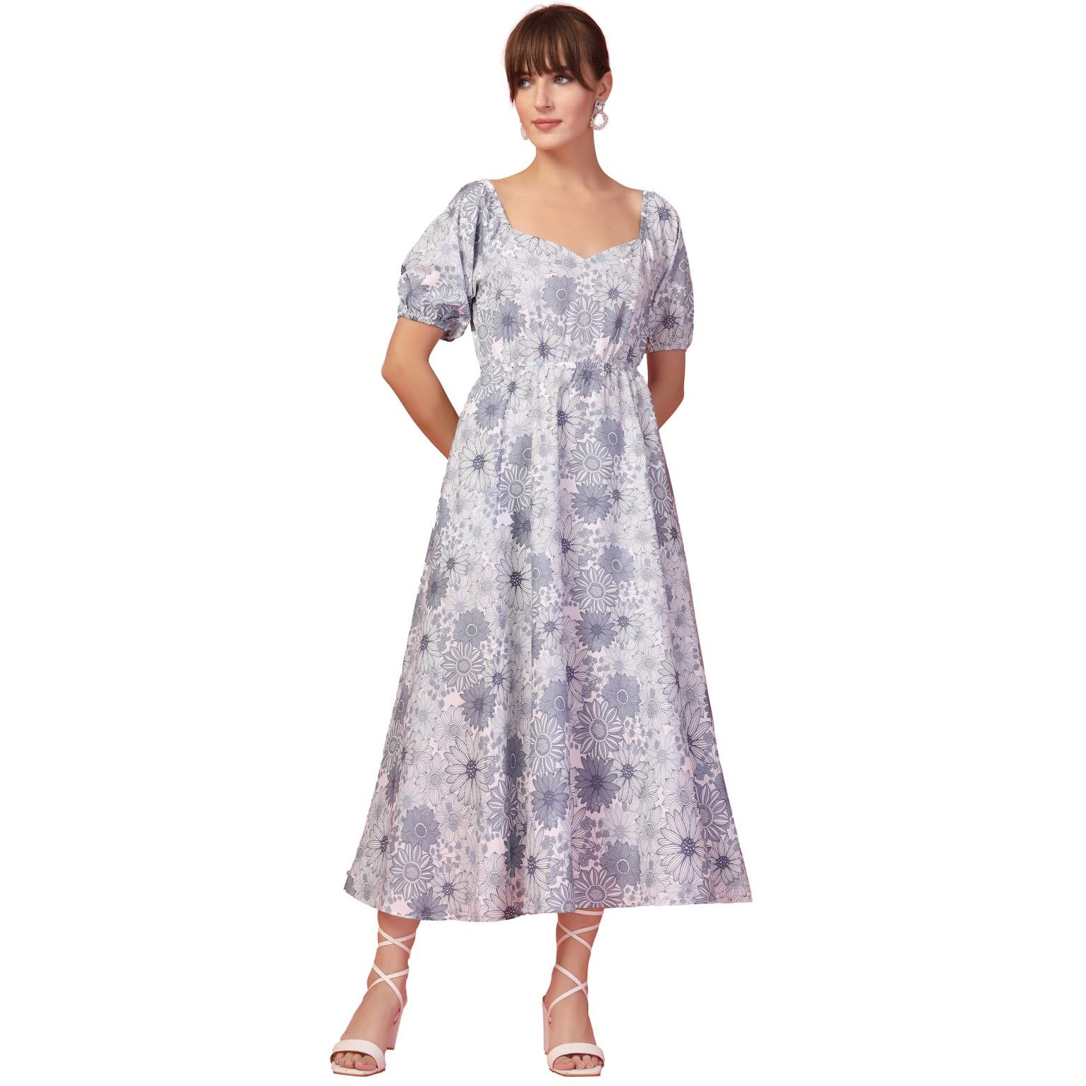 Oomph Flared Dress For Women Stylish | Long One Piece For Women | Puff Sleeve Long Dress | Floral Print Maxi One Piece | Western & Fusion Wear