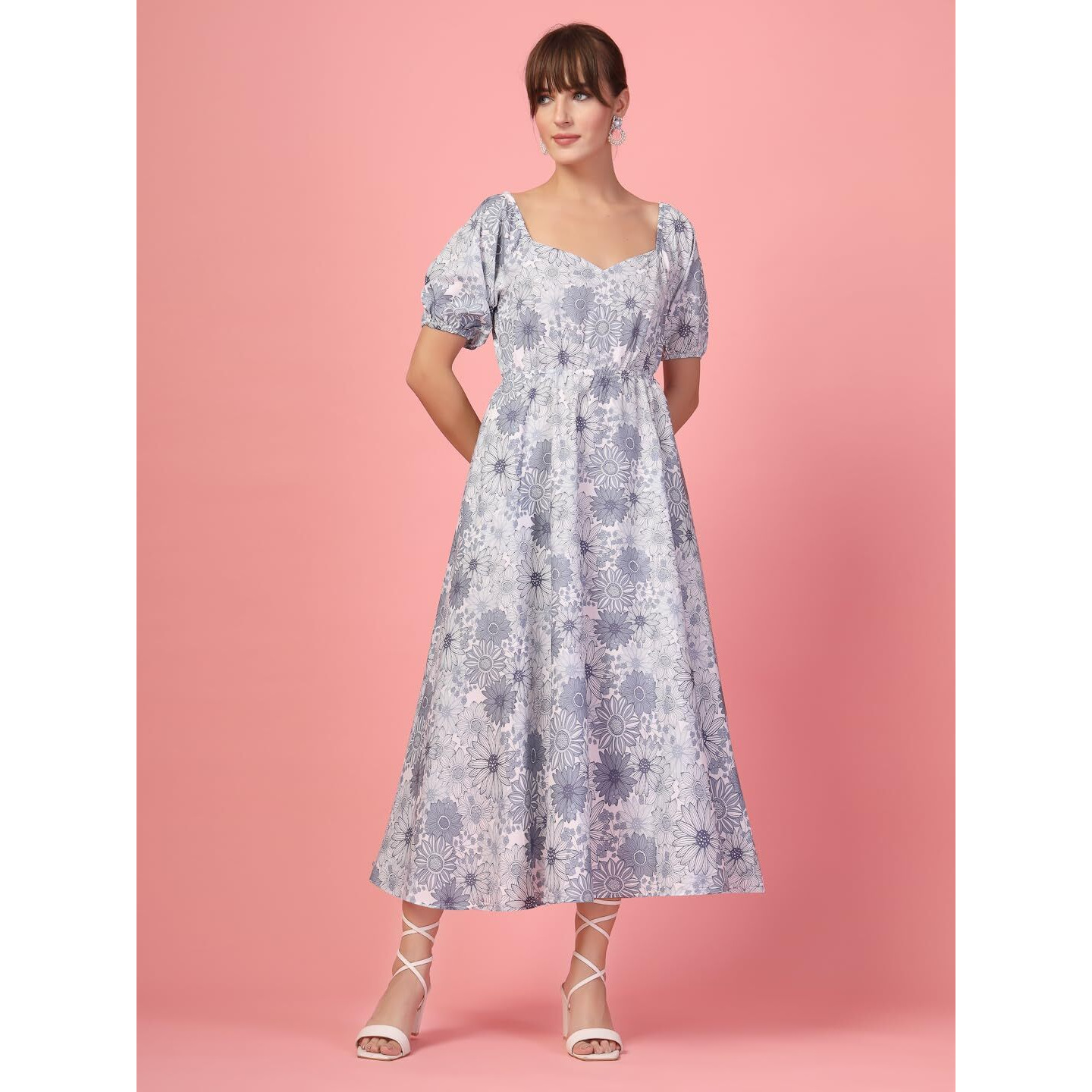 Oomph Flared Dress For Women Stylish | Long One Piece For Women | Puff Sleeve Long Dress | Floral Print Maxi One Piece | Western & Fusion Wear