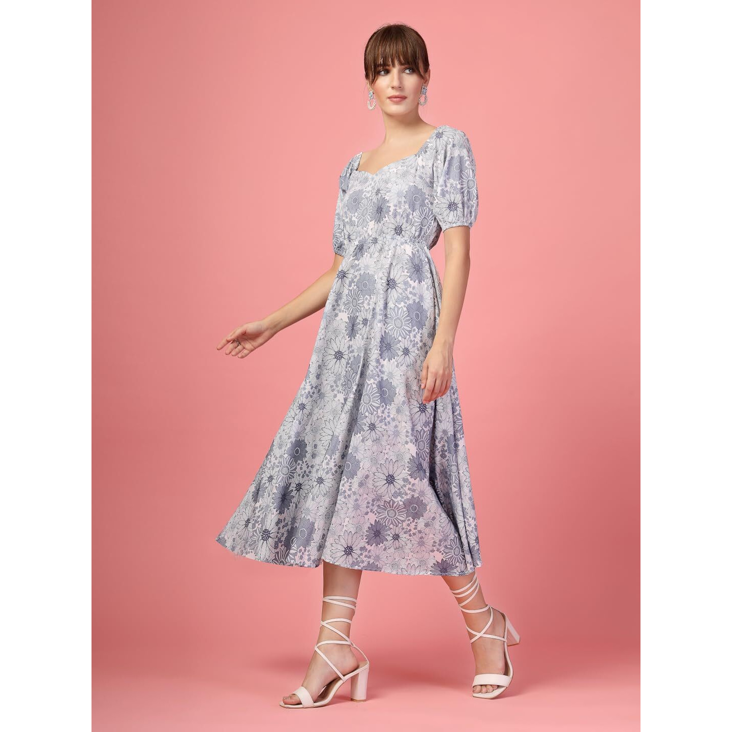 Oomph Flared Dress For Women Stylish | Long One Piece For Women | Puff Sleeve Long Dress | Floral Print Maxi One Piece | Western & Fusion Wear