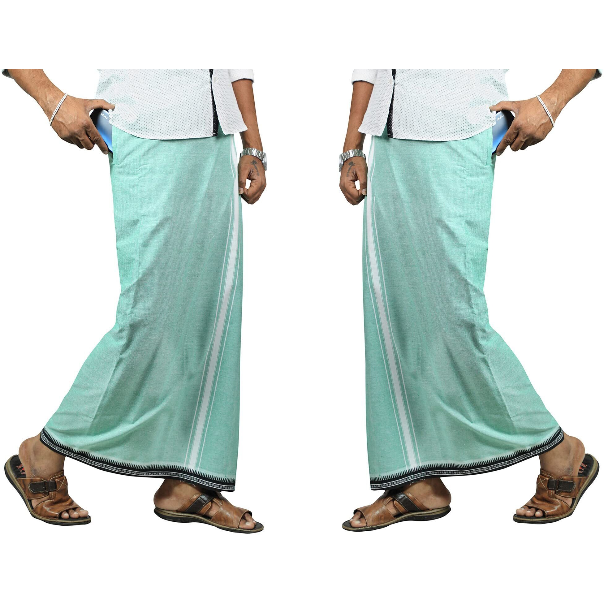 Prakasam Cotton Mens Kerala Thalapathi Border 2Way Pocket (Right &Left Side) Flexi Size (Adjustable) Welcro Single Colour Dhoti (Small, Pista Green)