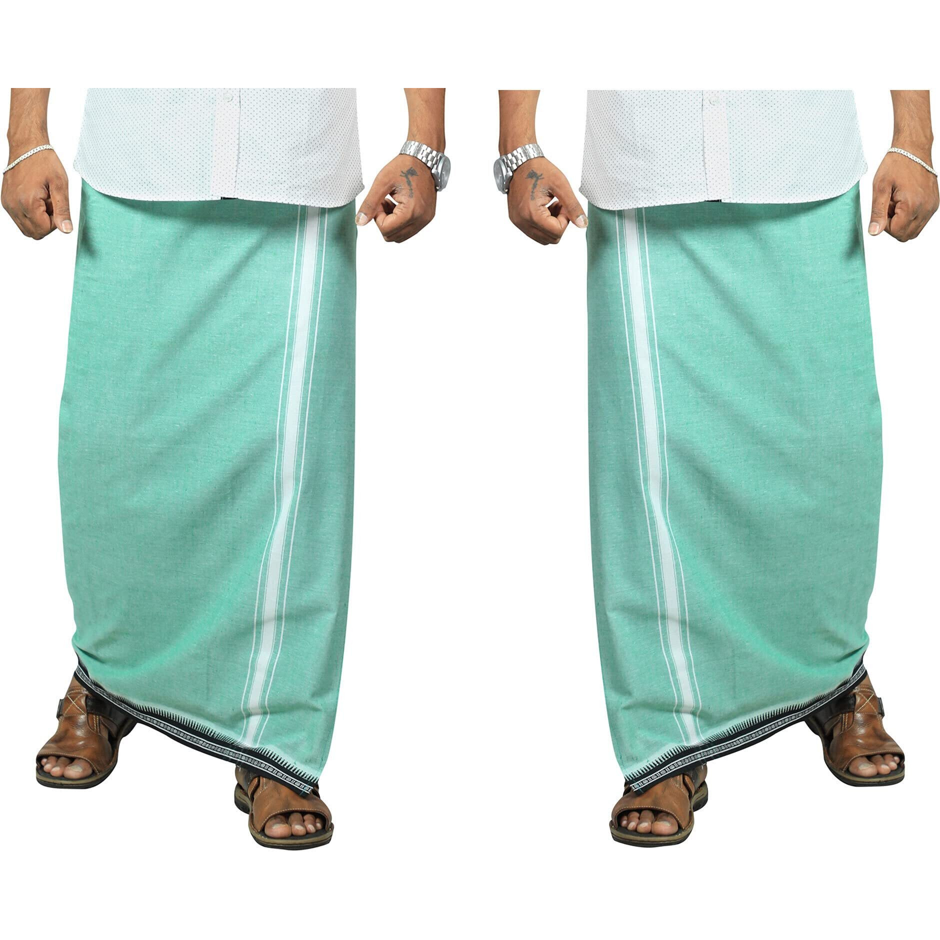 Prakasam Cotton Mens Kerala Thalapathi Border 2Way Pocket (Right &Left Side) Flexi Size (Adjustable) Welcro Single Colour Dhoti (Small, Pista Green)