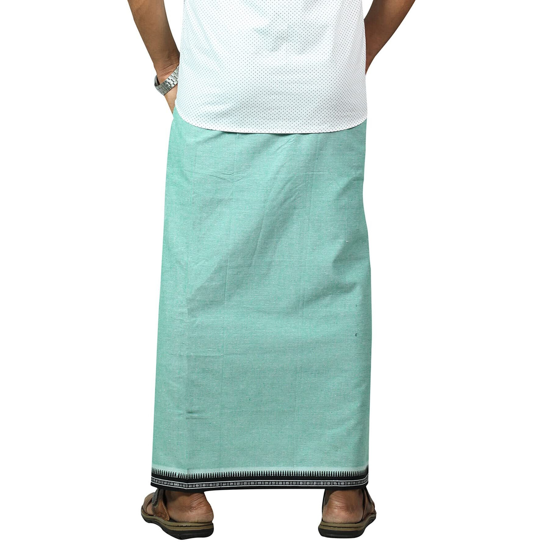 Prakasam Cotton Mens Kerala Thalapathi Border 2Way Pocket (Right &Left Side) Flexi Size (Adjustable) Welcro Single Colour Dhoti (Small, Pista Green)
